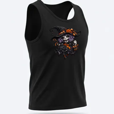 Cute gothic witch with cauldron on Halloween-themed — printed on a tank top
