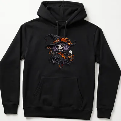 Cute gothic witch with cauldron on Halloween-themed — printed on a unisex hoodie