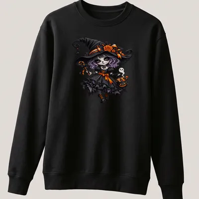 Cute gothic witch with cauldron on Halloween-themed — printed on a unisex sweatshirt