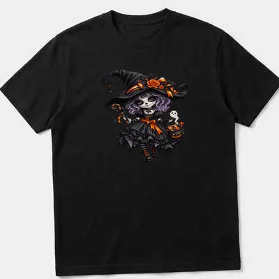 Cute gothic witch with cauldron on Halloween-themed t-shirt