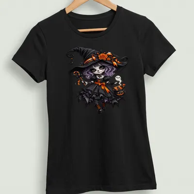 Cute gothic witch with cauldron on Halloween-themed — printed on a women's shirt