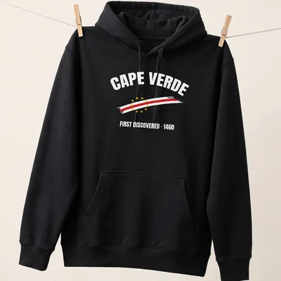 Vintage Cape Verde flag and map graphic with text about discovery — printed on a unisex hoodie