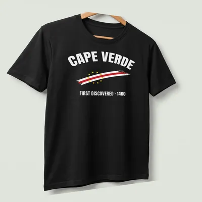 Vintage Cape Verde flag and map graphic with text about discovery — printed on a unisex t-shirt (angled view)