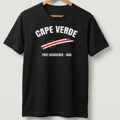 Vintage Cape Verde flag and map graphic with text about discovery