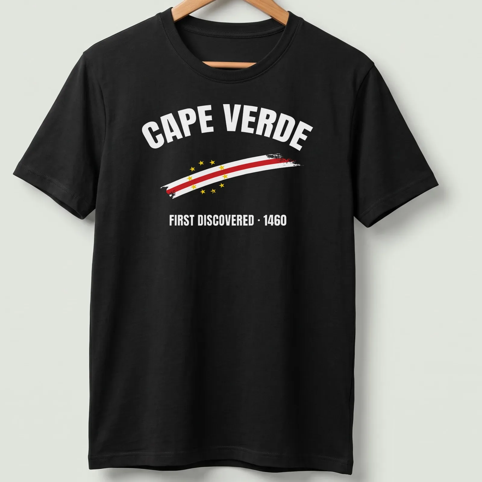 Vintage Cape Verde flag and map graphic with text about discovery — printed on a unisex t-shirt