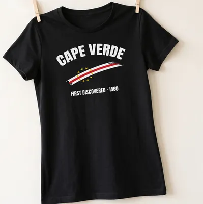 Vintage Cape Verde flag and map graphic with text about discovery — printed on a women's shirt