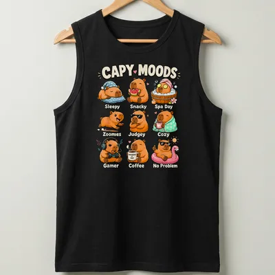 Cute cartoon capybaras expressing various moods with colorful text — printed on a tank top