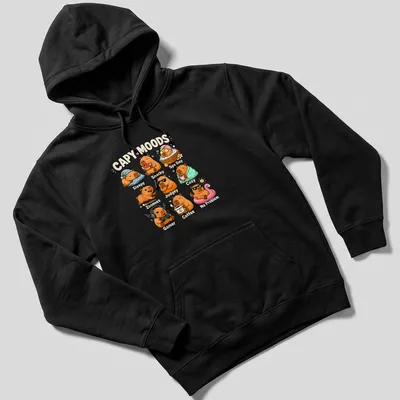 Cute cartoon capybaras expressing various moods with colorful text — printed on a unisex hoodie