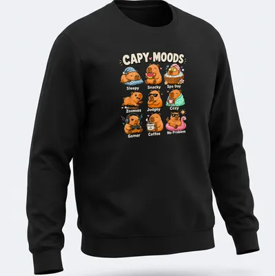Cute cartoon capybaras expressing various moods with colorful text — printed on a unisex sweatshirt