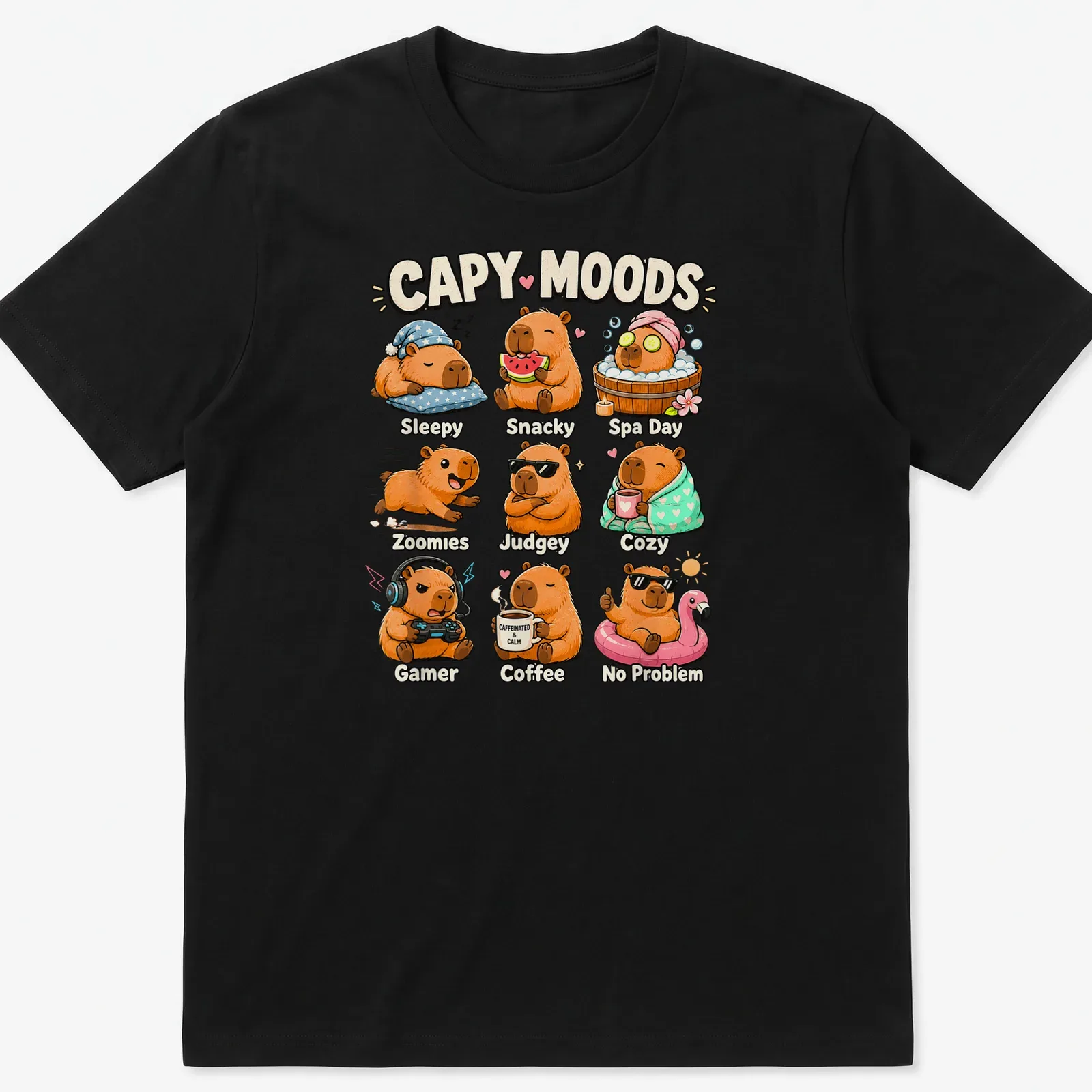 Cute cartoon capybaras expressing various moods with colorful text — printed on a unisex t-shirt