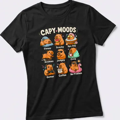 Cute cartoon capybaras expressing various moods with colorful text — printed on a women's shirt