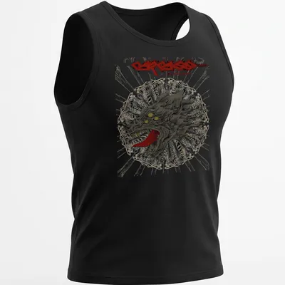 Graphic illustration of a wolf head with bold text surrounding it. — printed on a tank top