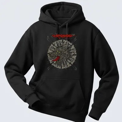Graphic illustration of a wolf head with bold text surrounding it. — printed on a unisex hoodie