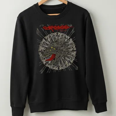 Graphic illustration of a wolf head with bold text surrounding it. — printed on a unisex sweatshirt