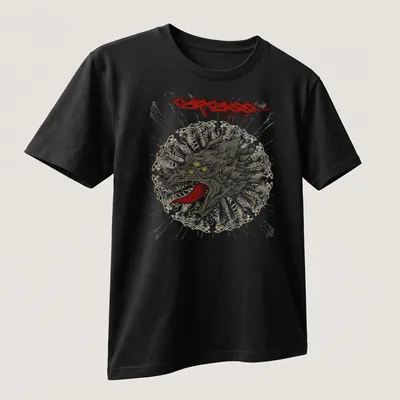 Graphic illustration of a wolf head with bold text surrounding it. — printed on a unisex t-shirt (angled view)