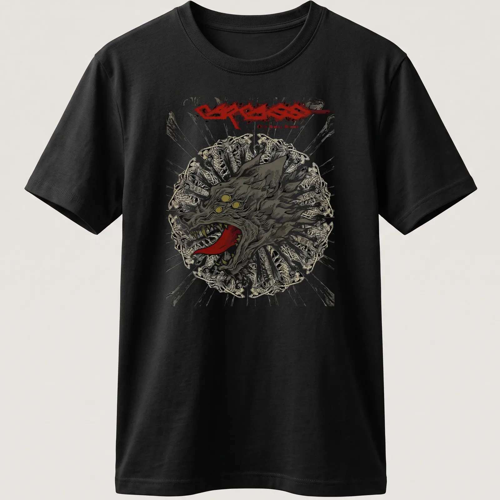 Graphic illustration of a wolf head with bold text surrounding it. — printed on a unisex t-shirt