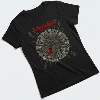 Graphic illustration of a wolf head with bold text surrounding it. — printed on a women's shirt