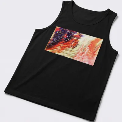 Abstract illustration of a celestial dragon among red strings and crystals. — printed on a tank top