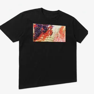 Abstract illustration of a celestial dragon among red strings and crystals. — printed on a unisex t-shirt (angled view)