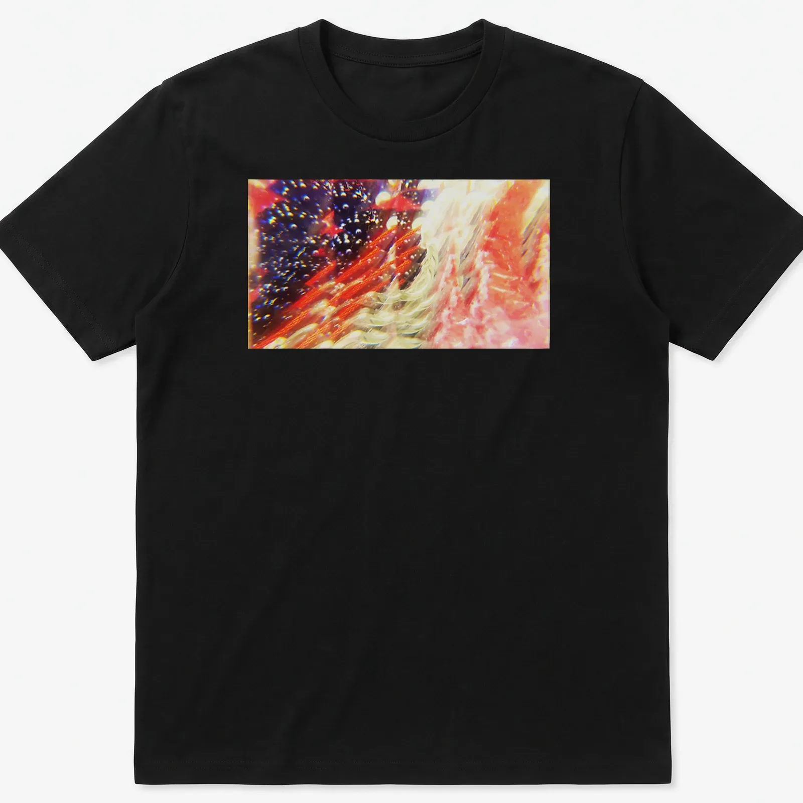 Abstract illustration of a celestial dragon among red strings and crystals. — printed on a unisex t-shirt