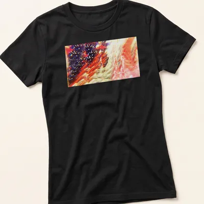 Abstract illustration of a celestial dragon among red strings and crystals. — printed on a women's shirt