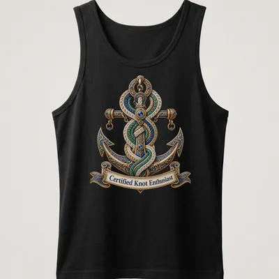 Nautical anchor graphic with ornate details and 'Certified Knot Enthusiast' text — printed on a tank top