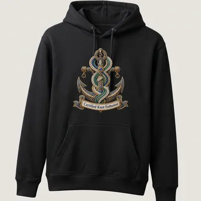Nautical anchor graphic with ornate details and 'Certified Knot Enthusiast' text — printed on a unisex hoodie