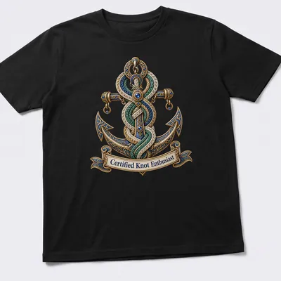 Nautical anchor graphic with ornate details and 'Certified Knot Enthusiast' text