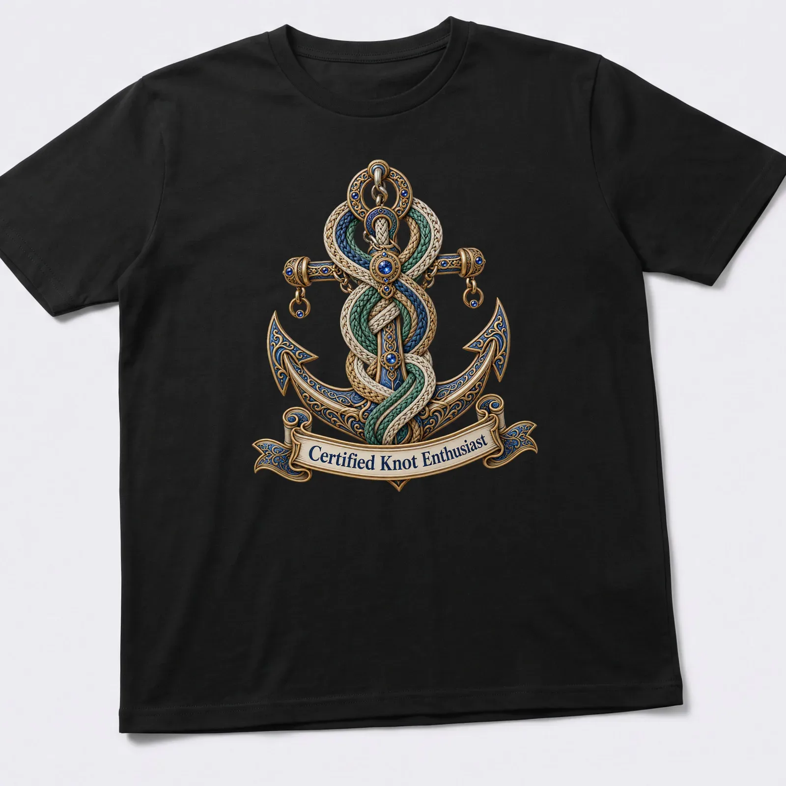 Nautical anchor graphic with ornate details and 'Certified Knot Enthusiast' text — printed on a unisex t-shirt