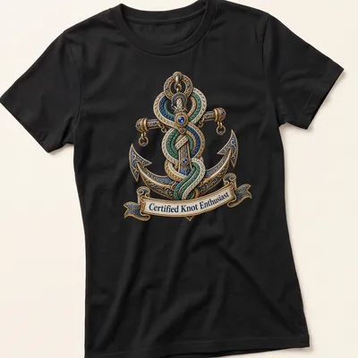 Nautical anchor graphic with ornate details and 'Certified Knot Enthusiast' text — printed on a women's shirt