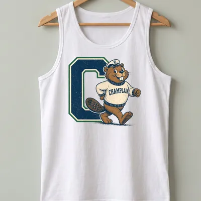 Vintage print of a beaver mascot with Champlain text in brown and green — printed on a tank top