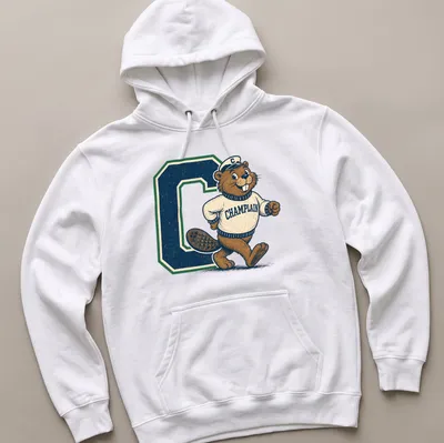 Vintage print of a beaver mascot with Champlain text in brown and green — printed on a unisex hoodie