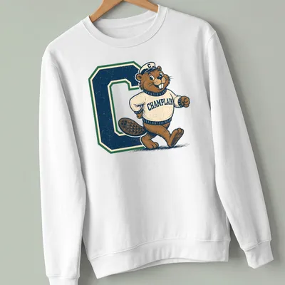 Vintage print of a beaver mascot with Champlain text in brown and green — printed on a unisex sweatshirt