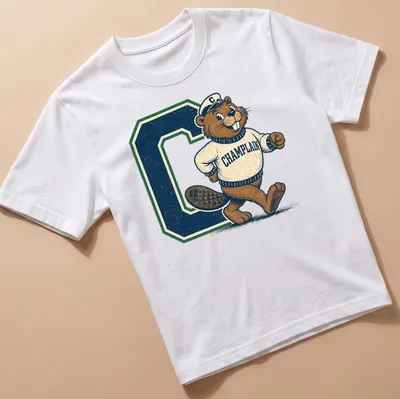 Vintage print of a beaver mascot with Champlain text in brown and green