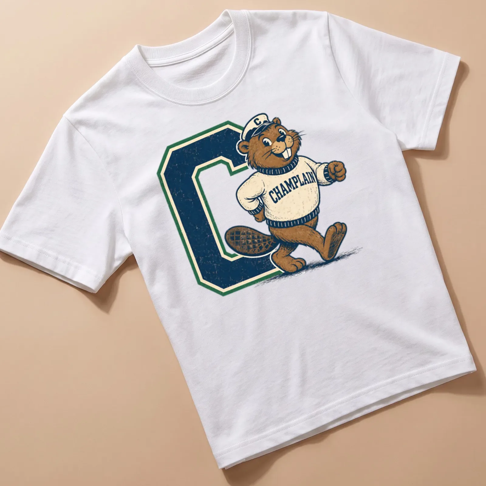 Vintage print of a beaver mascot with Champlain text in brown and green — printed on a unisex t-shirt