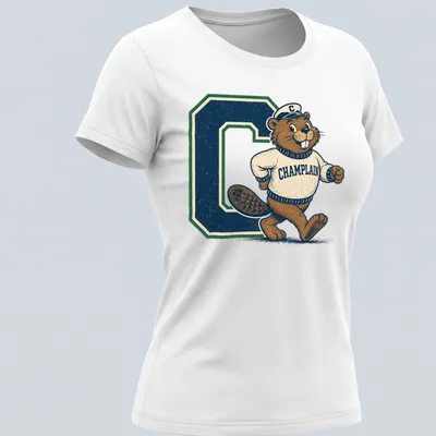 Vintage print of a beaver mascot with Champlain text in brown and green — printed on a women's shirt