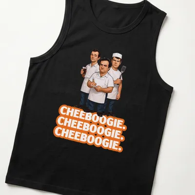 Cartoon illustration of three male chefs with Cheeboogie text in orange, black, and white — printed on a tank top