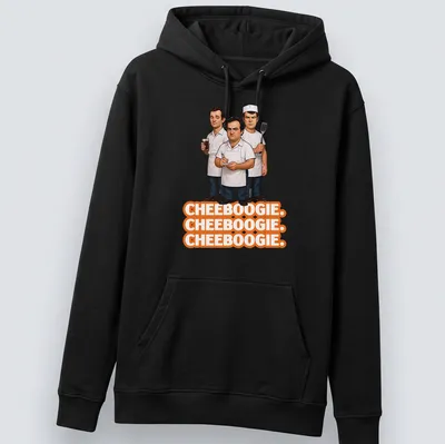 Cartoon illustration of three male chefs with Cheeboogie text in orange, black, and white — printed on a unisex hoodie