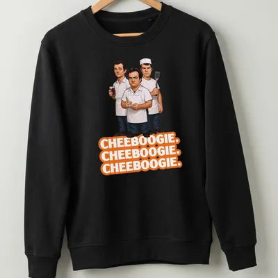 Cartoon illustration of three male chefs with Cheeboogie text in orange, black, and white — printed on a unisex sweatshirt