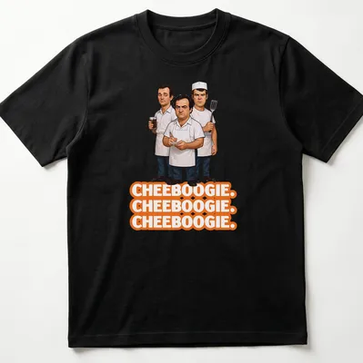 Cartoon illustration of three male chefs with Cheeboogie text in orange, black, and white
