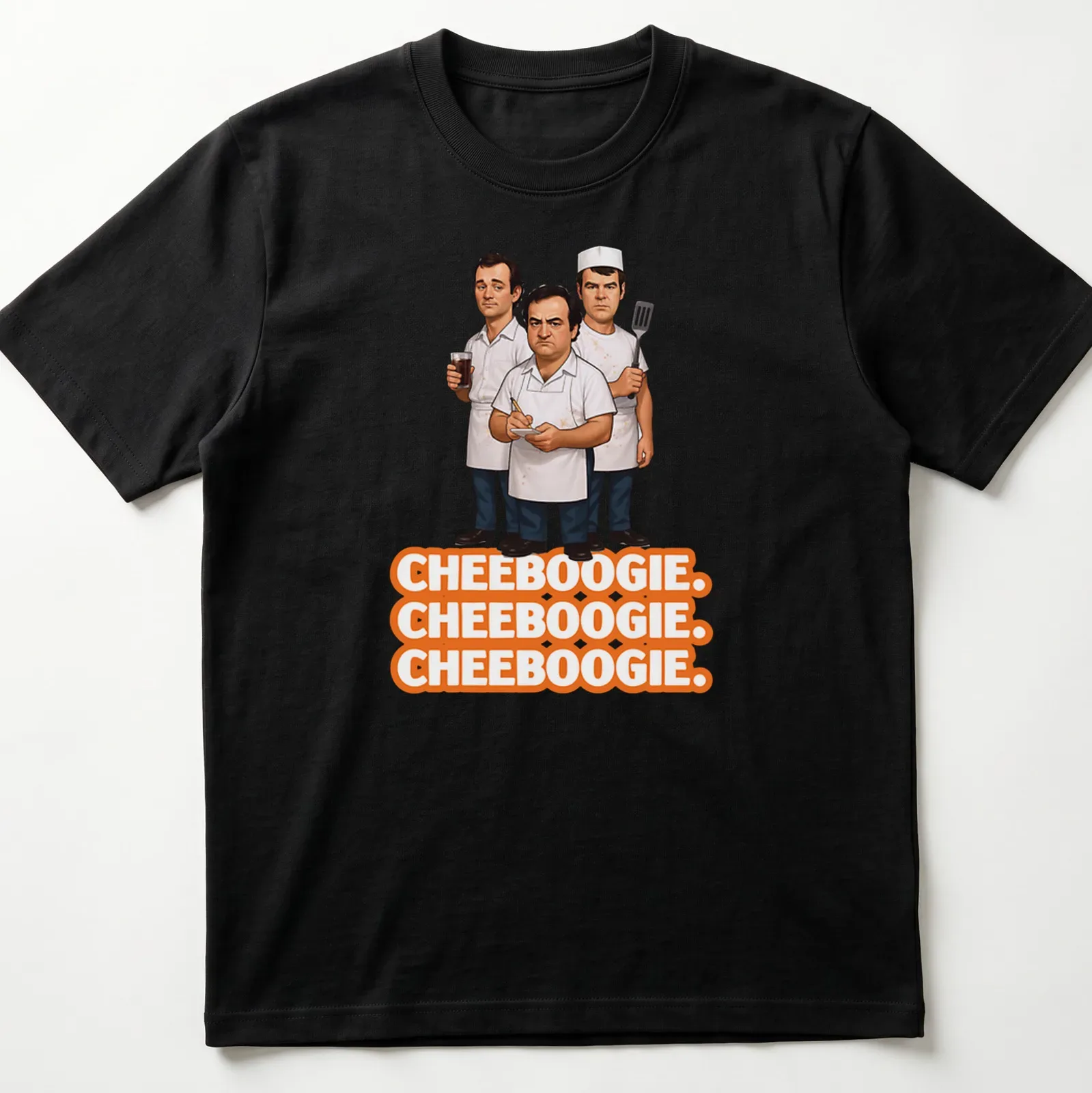 Cartoon illustration of three male chefs with Cheeboogie text in orange, black, and white — printed on a unisex t-shirt