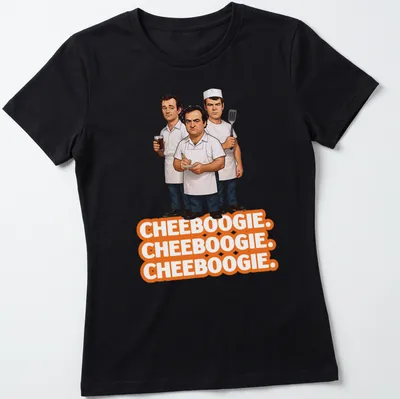 Cartoon illustration of three male chefs with Cheeboogie text in orange, black, and white — printed on a women's shirt