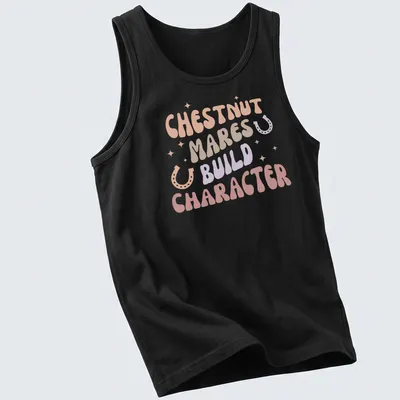 Playful typography design featuring chestnut mares with colorful lettering — printed on a tank top