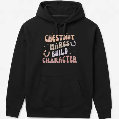 Playful typography design featuring chestnut mares with colorful lettering — printed on a unisex hoodie