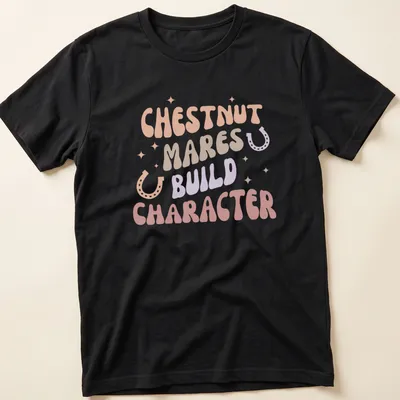 Playful typography design featuring chestnut mares with colorful lettering