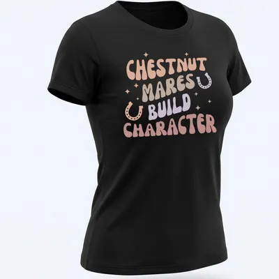 Playful typography design featuring chestnut mares with colorful lettering — printed on a women's shirt