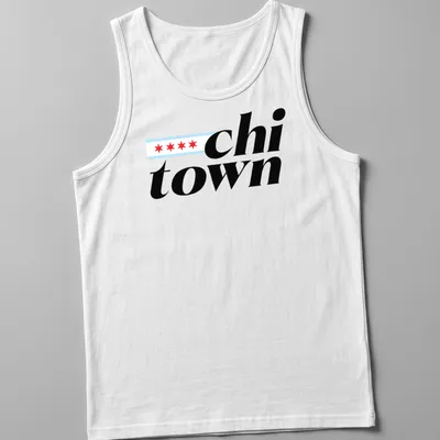 Modern bold Chi Town shirt featuring Chicago city flag design in black, red, light blue, and white — printed on a tank top
