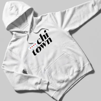 Modern bold Chi Town shirt featuring Chicago city flag design in black, red, light blue, and white — printed on a unisex hoodie