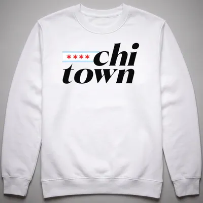 Modern bold Chi Town shirt featuring Chicago city flag design in black, red, light blue, and white — printed on a unisex sweatshirt