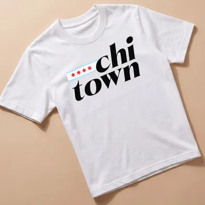 Modern bold Chi Town shirt featuring Chicago city flag design in black, red, light blue, and white